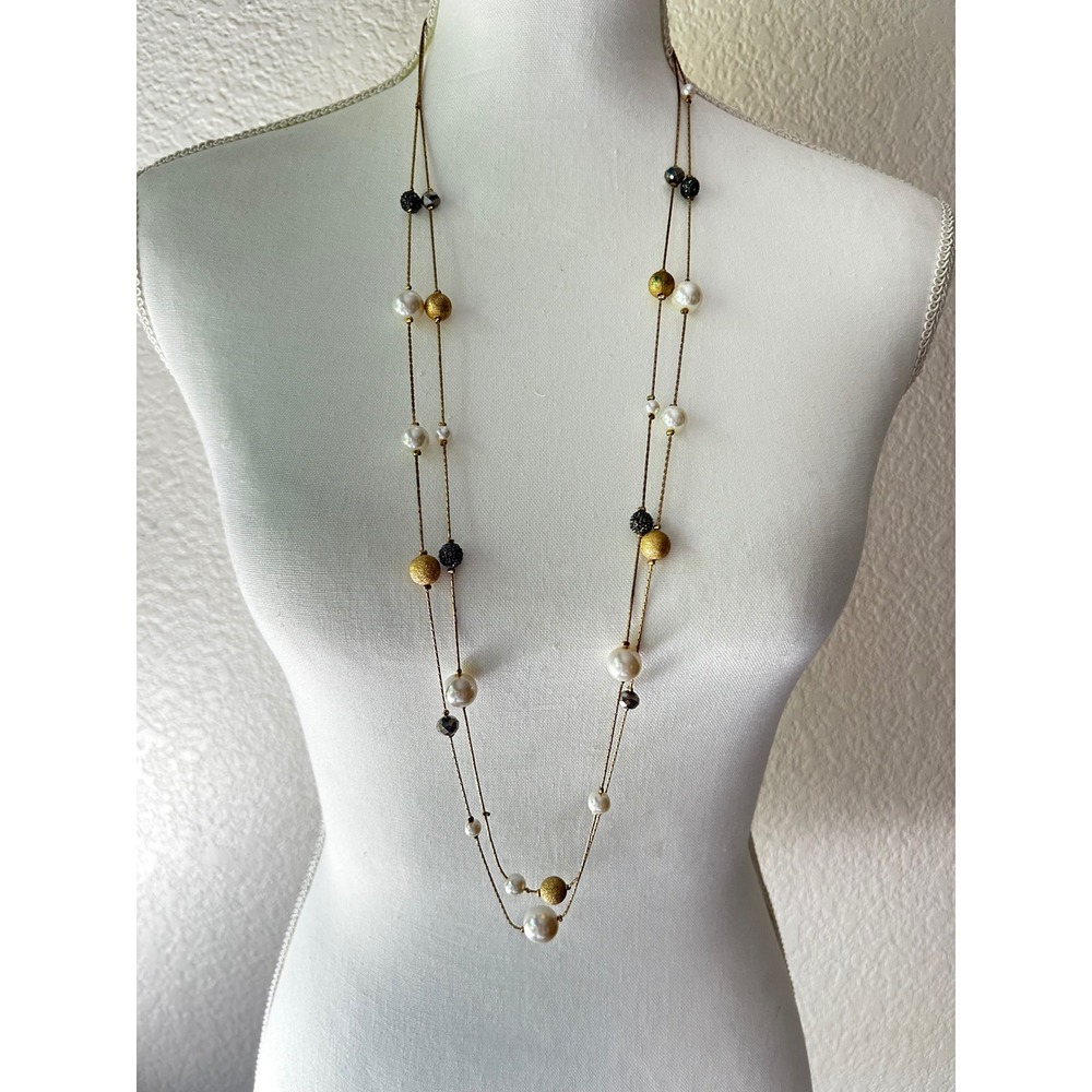 Gold Tone Layered Station Necklace Faux Pearl Black Bead Long Adjustable 37-40in